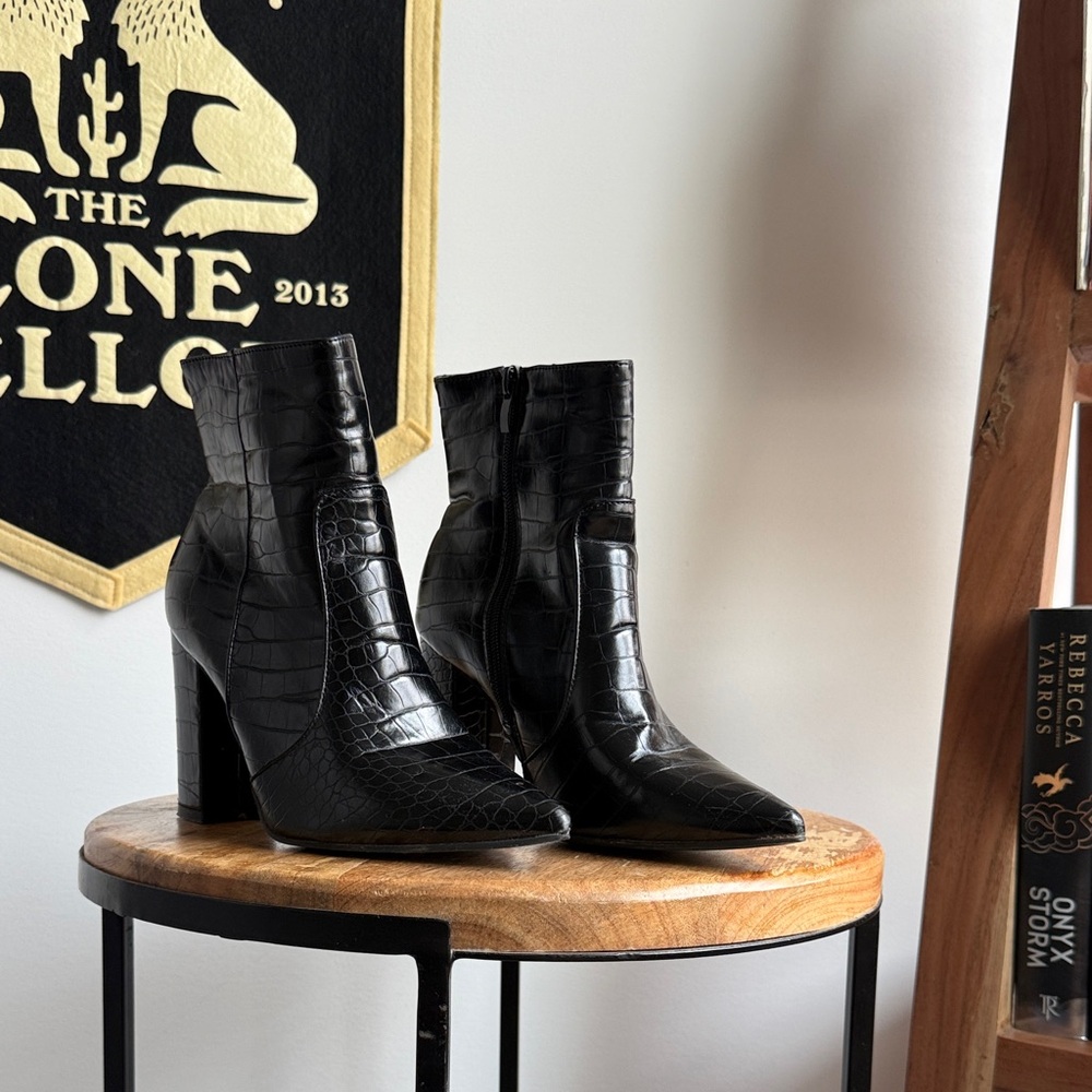 Italian Black Croc-Embossed Leather Ankle Boots - Women